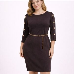 Chico’s Travelers Espresso Brown Button Sleeve Dress with Gold Chain Belt Size S